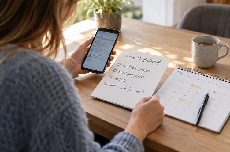 Eine Person prüft auf dem Smartphone Mitgliedschaftsinformationen neben einem Notizblatt mit Laufzeit, Kündigungsfrist und Kalender