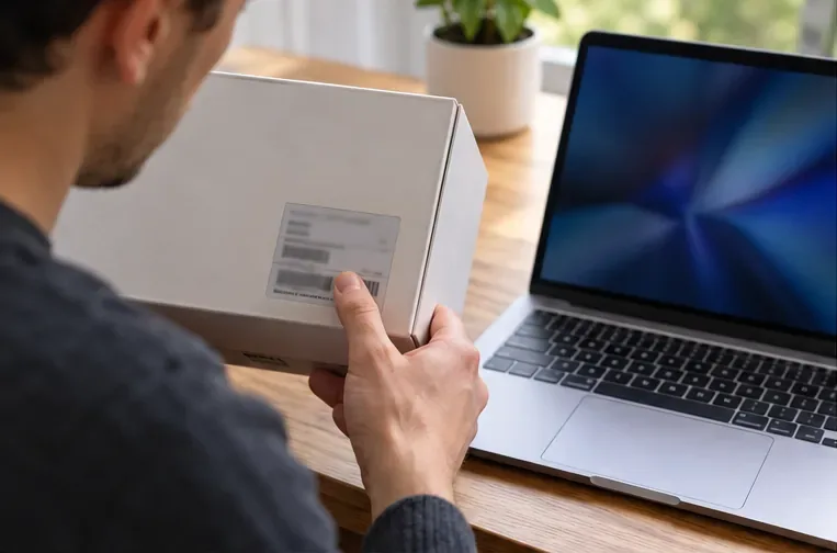 Ein Käufer vergleicht die Modellangabe auf einem Laptopkarton mit einem danebenstehenden Laptop