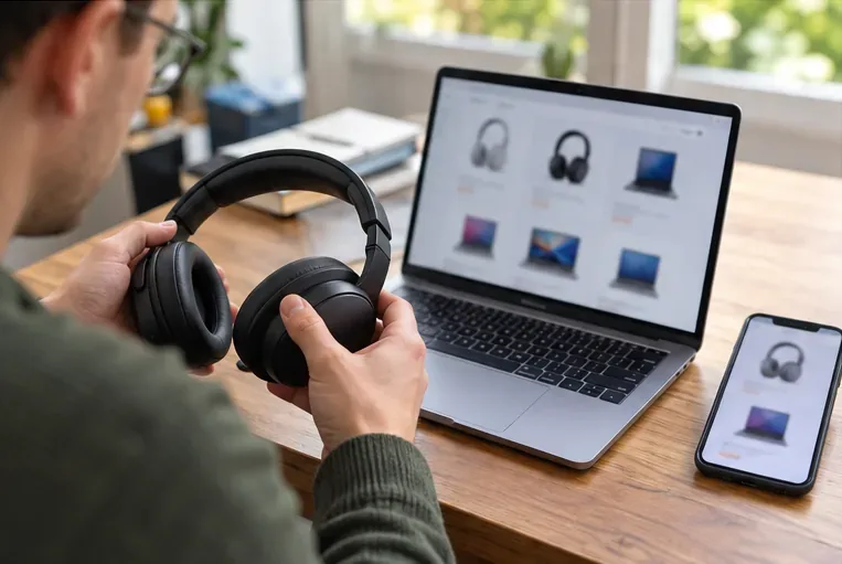 Ein Käufer hält kabellose Kopfhörer in der Hand und vergleicht ähnliche Technikprodukte auf Laptop und Smartphone