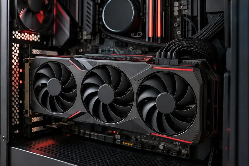 A modern triple-fan graphics card installed inside a black desktop gaming PC with red accent lighting and braided power cables