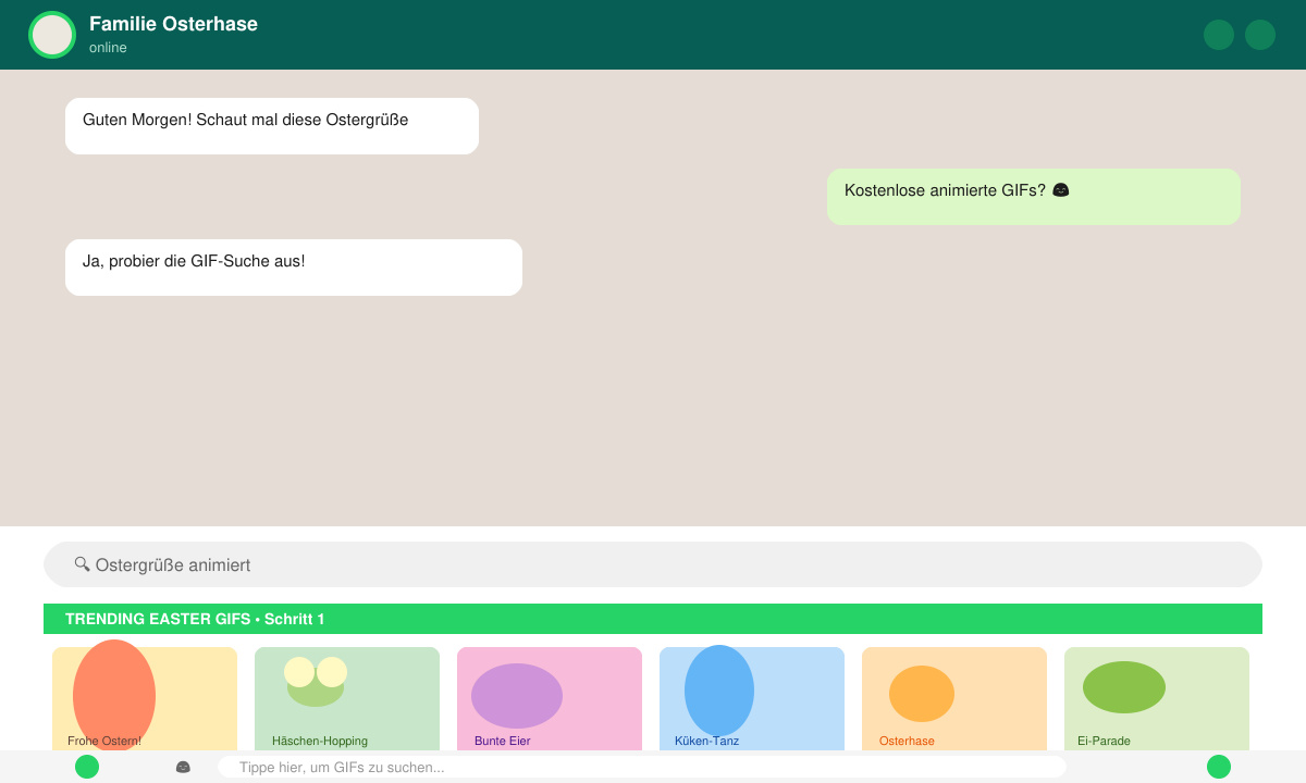 Close-up of WhatsApp chat interface with the GIF search bar open and Easter-themed animations visible in results