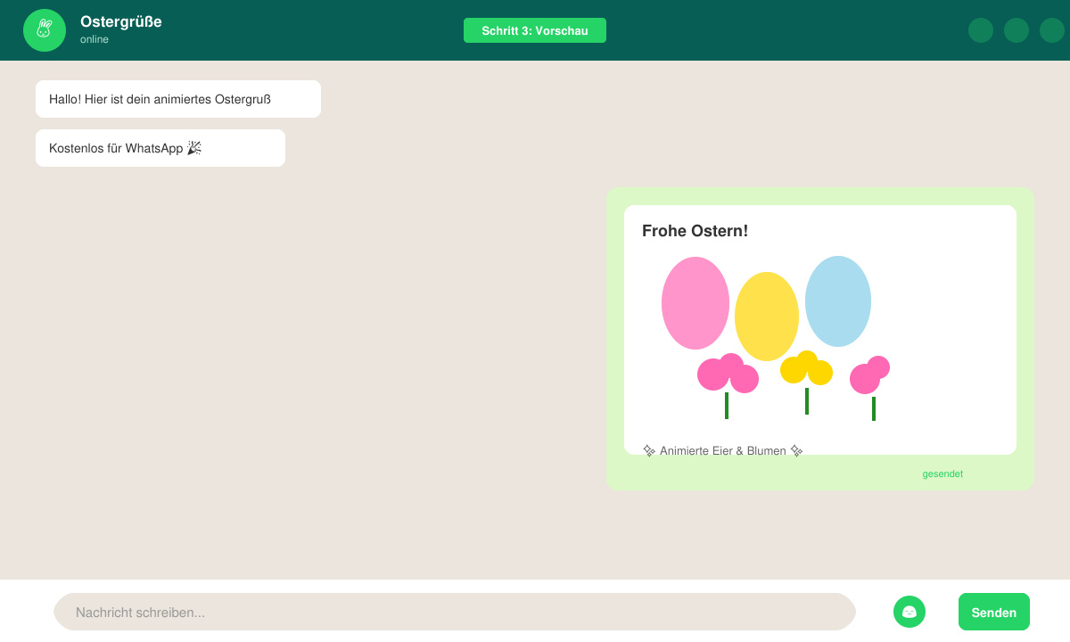 Final view of a WhatsApp chat with a sent animated Easter greeting featuring moving eggs and flowers