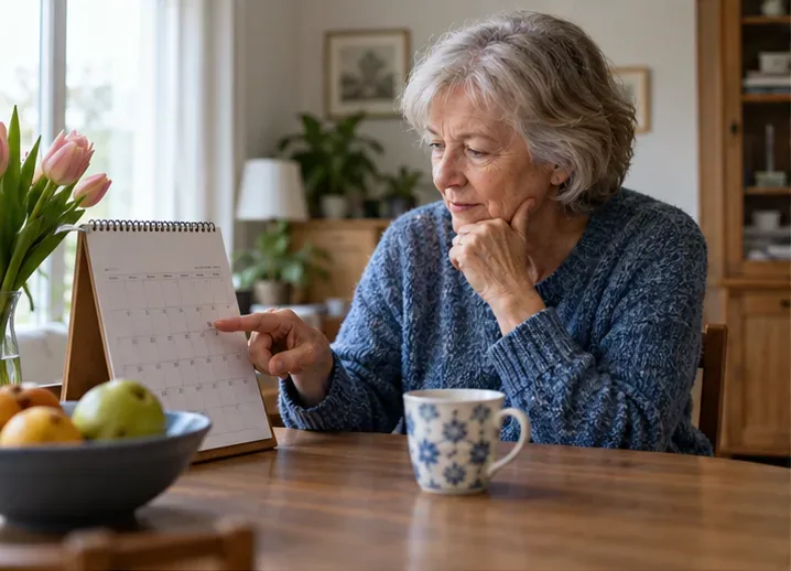 Een oudere vrouw wijst op een maand op een papieren kalender aan de keukentafel