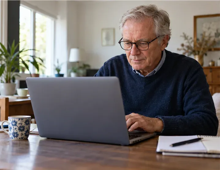 Een oudere man zit thuis achter een laptop met een notitieboek naast zich