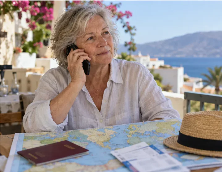 Een oudere vrouw telefoneert aan een tafel met een kaart en reisdocumenten