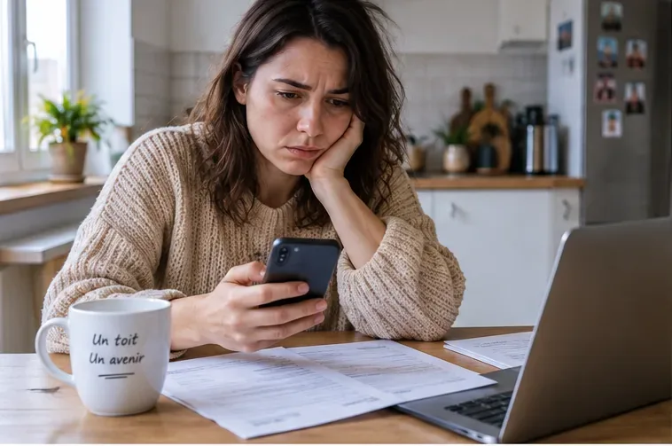 Locataire consultant son téléphone et ses documents de logement après l'absence attendue d'un versement d'aide au logement