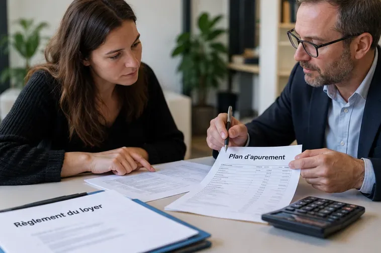 Locataire et conseiller examinant ensemble un plan d'apurement et des documents relatifs au paiement du loyer