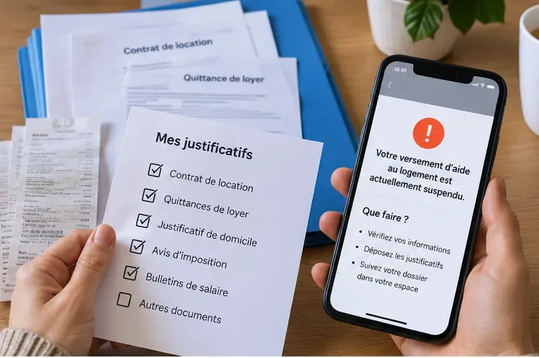 Dossier de location, quittances de loyer et liste de justificatifs posés à côté d'un téléphone signalant une aide au logement suspendue
