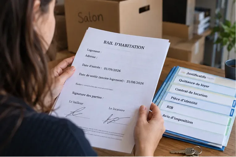 Locataire examinant son nouveau bail et les documents utiles avant de refaire une demande d’aide au logement après un déménagement