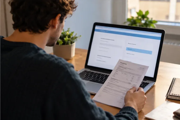 Un colocataire compare un document de logement avec les informations affichées sur son ordinateur portable.