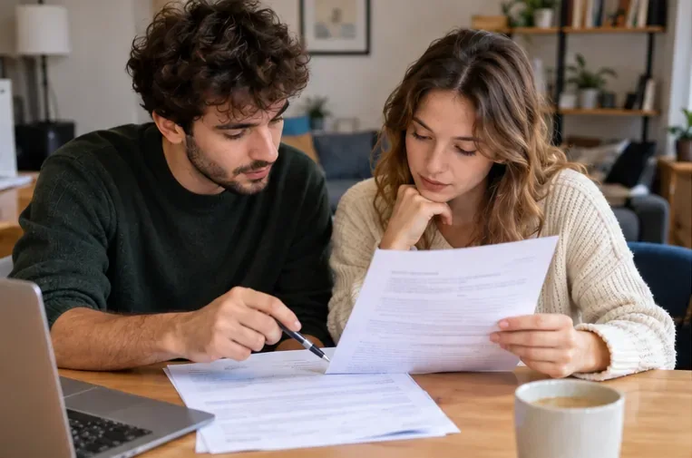 Deux colocataires examinent ensemble leur contrat de location et des documents liés au logement à une table.