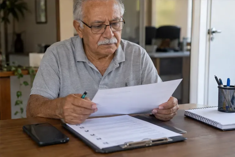 Segurado revisa o protocolo e a lista de conferência depois de preparar o pedido de aposentadoria.