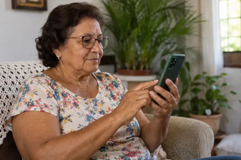 Segurada consulta um serviço previdenciário pelo celular em casa, etapa que pode ser feita pelo Meu INSS.