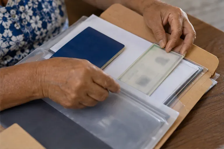Mãos organizam documentos de identificação e comprovantes de trabalho em uma pasta para o pedido previdenciário.