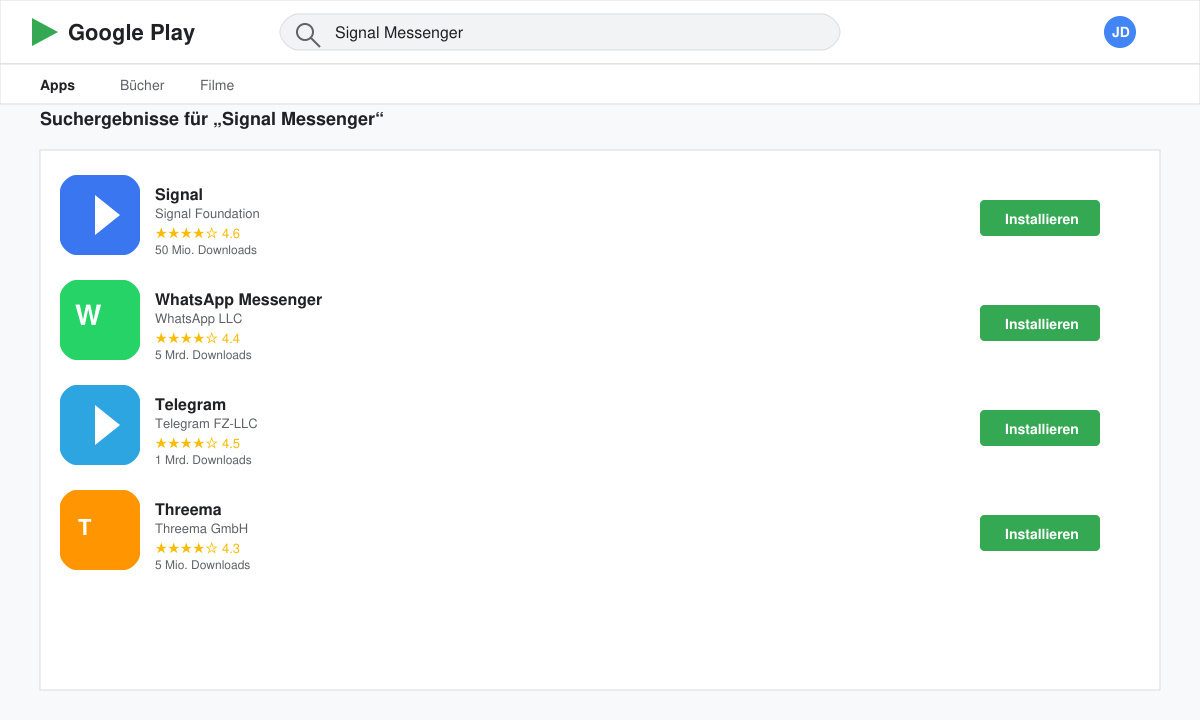 Screenshot des Google Play Stores mit Suchergebnis für Signal Messenger