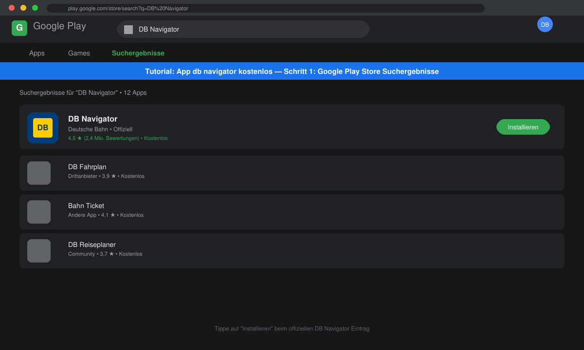 Suche nach DB Navigator im Google Play Store