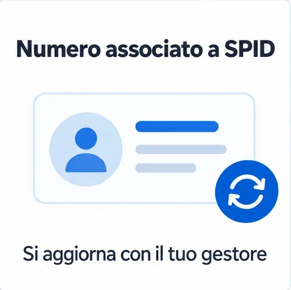 Scheda grafica con una carta profilo neutra, un simbolo di aggiornamento e la dicitura «Numero associato a SPID: si aggiorna con il tuo gestore».