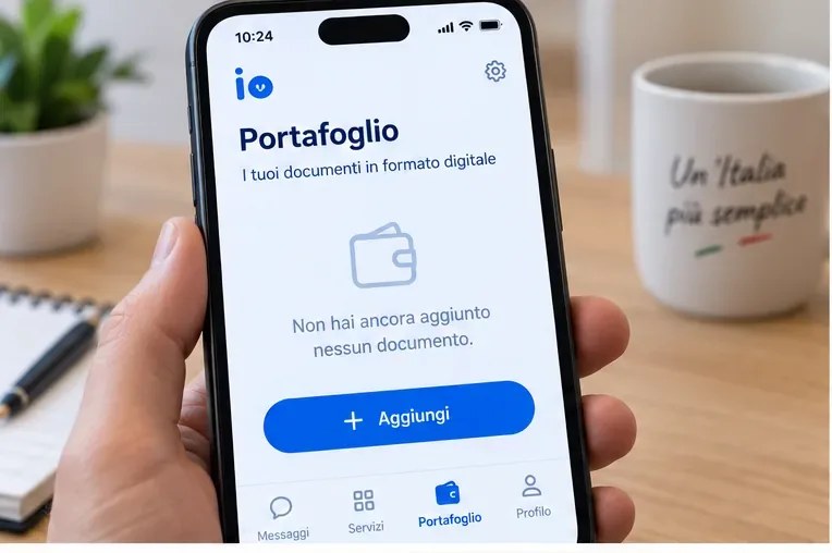 Smartphone aperto sulla sezione Portafoglio dell’app IO con il pulsante Aggiungi e nessun documento ancora presente.