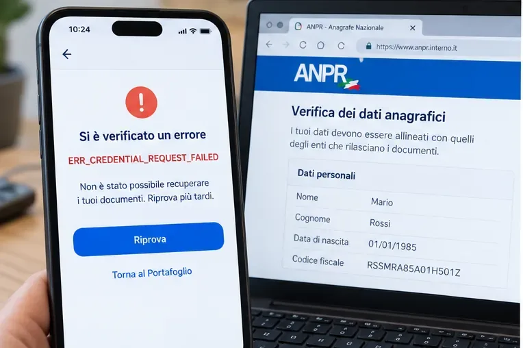 Smartphone con il codice ERR_CREDENTIAL_REQUEST_FAILED accanto a un computer aperto su una schermata di verifica dei dati anagrafici ANPR.