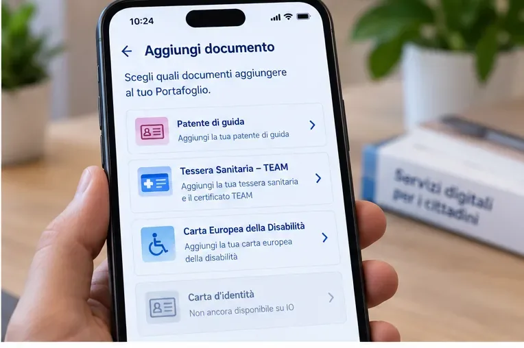 Smartphone con una schermata di aggiunta documenti al Portafoglio, con patente, tessera sanitaria e Carta Europea della Disabilità tra le opzioni.