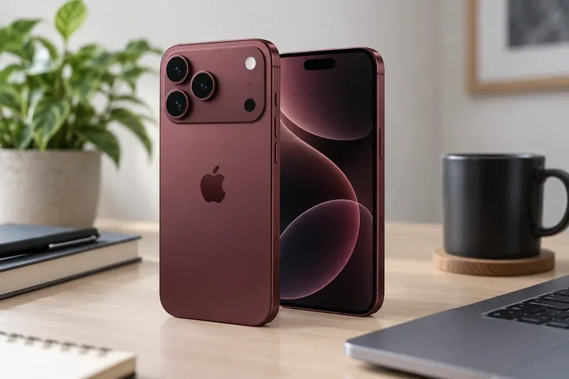 Burgundy flagship smartphone shown from the front and back on a modern desk