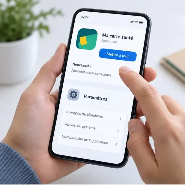 Illustration d’un smartphone affichant une mise à jour d’application et les paramètres de version du système