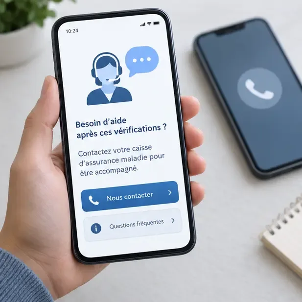 Illustration d’un écran d’aide et de contact sur smartphone après les vérifications d’activation