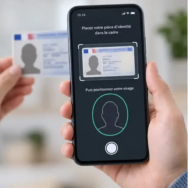 Illustration d’un téléphone guidant le cadrage d’une pièce d’identité puis du visage, sans données personnelles visibles