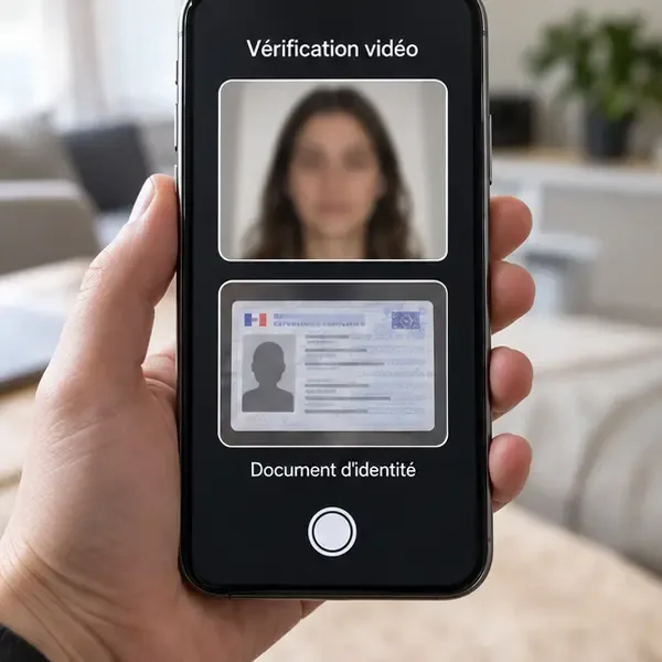 Téléphone montrant un écran de vérification vidéo avec un visage flouté et un document d’identité