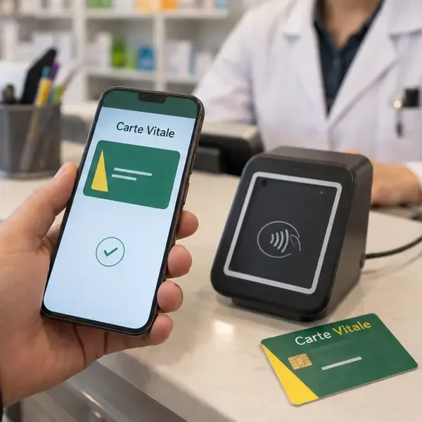 Téléphone affichant une carte Vitale près d’un lecteur sans contact dans une pharmacie, avec la carte physique à côté
