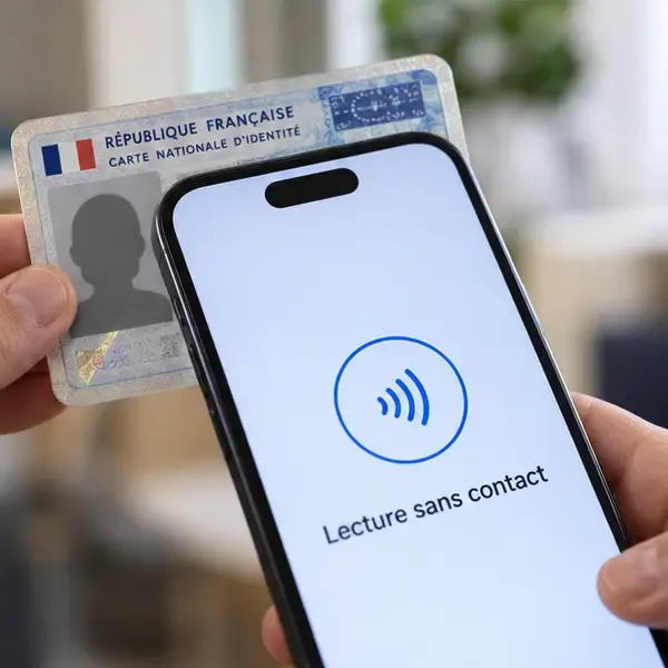Carte nationale d’identité électronique tenue près d’un téléphone affichant une lecture sans contact