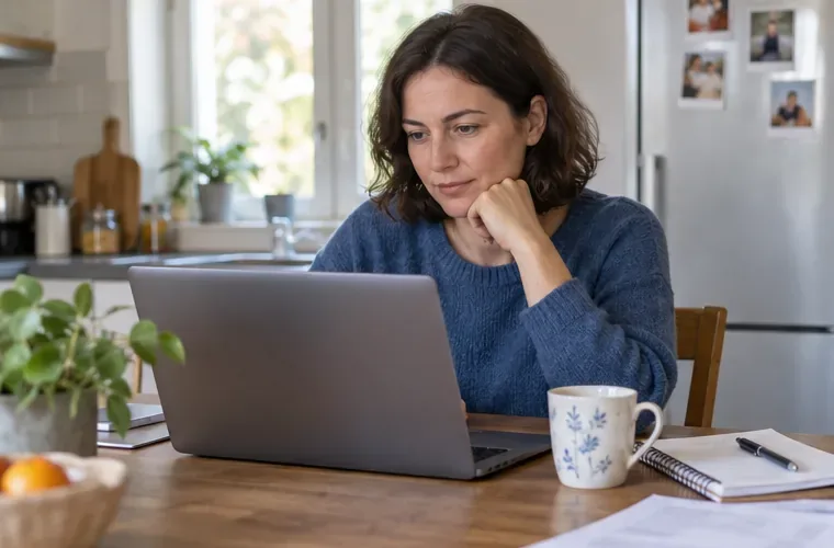 Une personne consulte un dossier d’indemnisation sur un ordinateur portable posé sur une table de cuisine