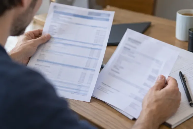 Une personne compare deux documents professionnels floutés sur une table avec un carnet