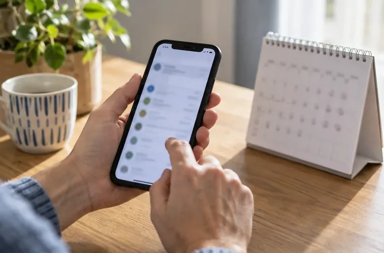 Une main consulte l’historique d’un compte sur un téléphone à côté d’un calendrier de bureau