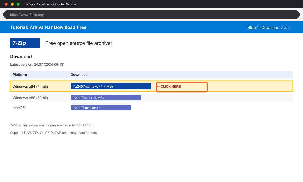 Screenshot of 7-Zip download page with Windows 64-bit link highlighted