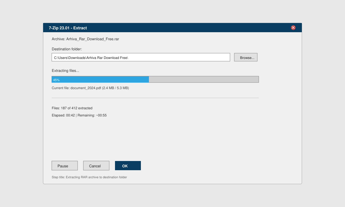 7-Zip extraction window showing progress bar and destination folder selection
