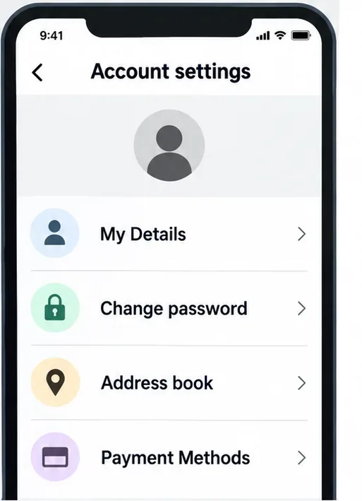 A generic account settings screen lists My Details, Change password, Address book, and Payment Methods.