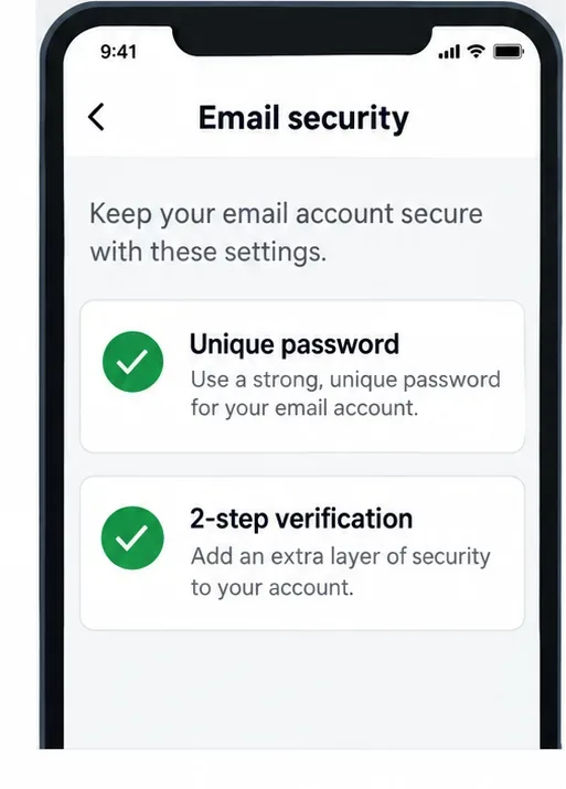 An email security screen lists a unique password and two-step verification as account safeguards.