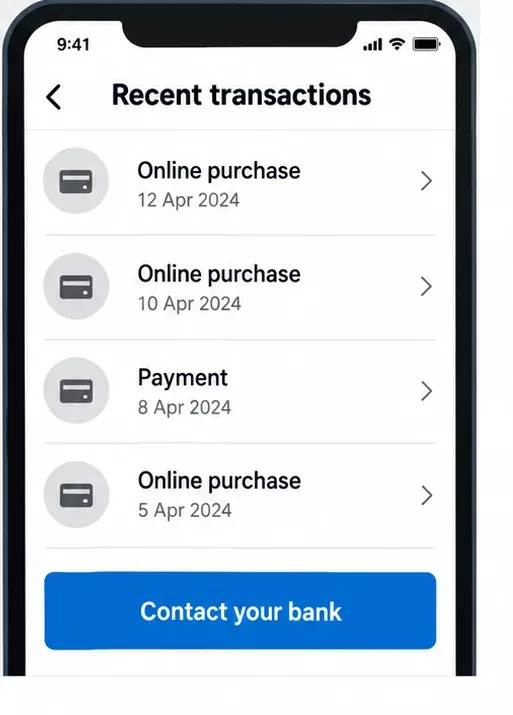 A generic recent-transactions screen lists several online purchases above a Contact your bank button.
