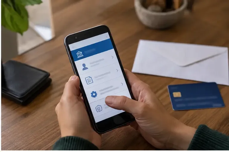 Mani che consultano una pagina amministrativa generica su uno smartphone accanto a una carta di pagamento senza marchi
