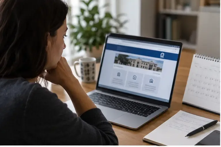 Persona che controlla un portale pubblico su un computer portatile accanto a un calendario cartaceo