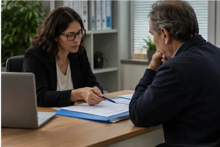 Colloquio tra una consulente e un cittadino in un ufficio con documenti ordinati su un tavolo