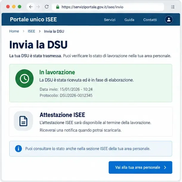 Schema illustrativo della conferma di invio della DSU con lo stato di lavorazione e l’attestazione ISEE