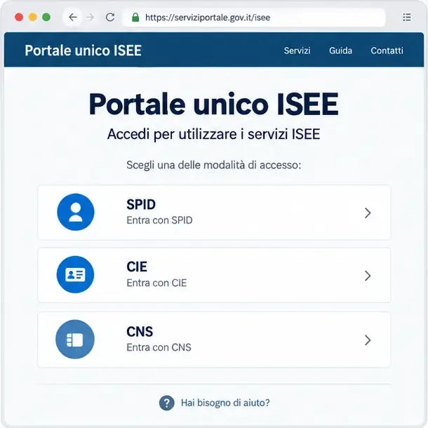 Schema illustrativo della schermata di accesso al Portale unico ISEE con le opzioni SPID, CIE e CNS