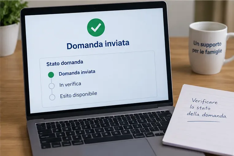 Portatile con una schermata di conferma Domanda inviata e una sequenza di stati della pratica da inviata a verifica ed esito