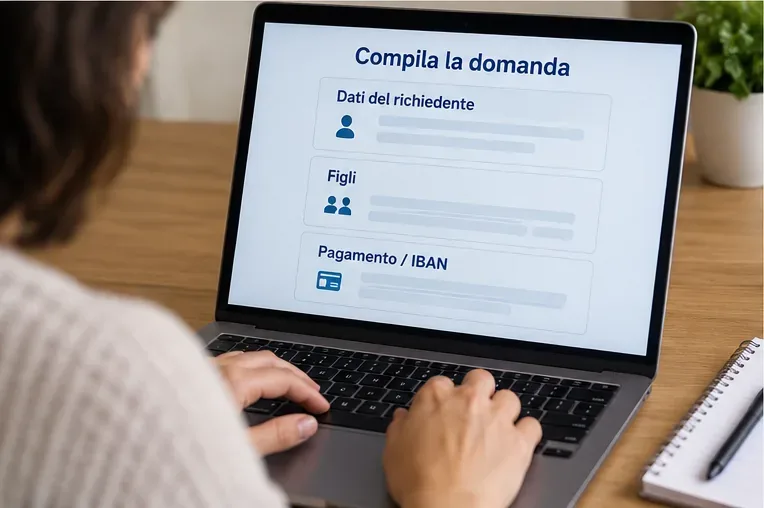 Persona che compila su un portatile le sezioni della domanda dedicate a richiedente, figli e pagamento con IBAN