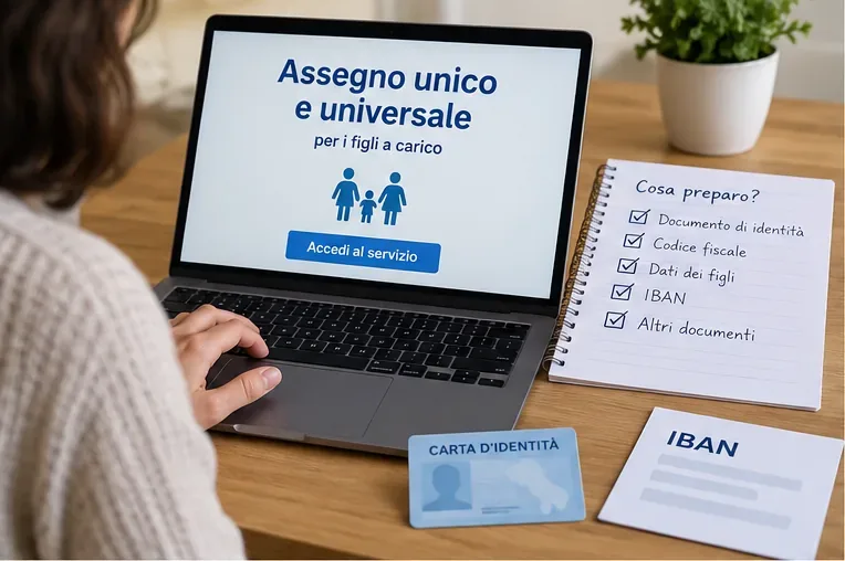 Persona davanti a un portatile con una schermata sull’Assegno unico, accanto a una lista con documento di identità, codice fiscale, dati dei figli e IBAN