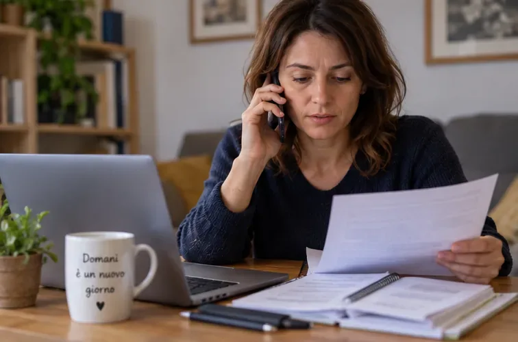 Una donna telefona mentre consulta documenti e computer sulla scrivania per chiarire un pagamento dell’Assegno unico non ricevuto