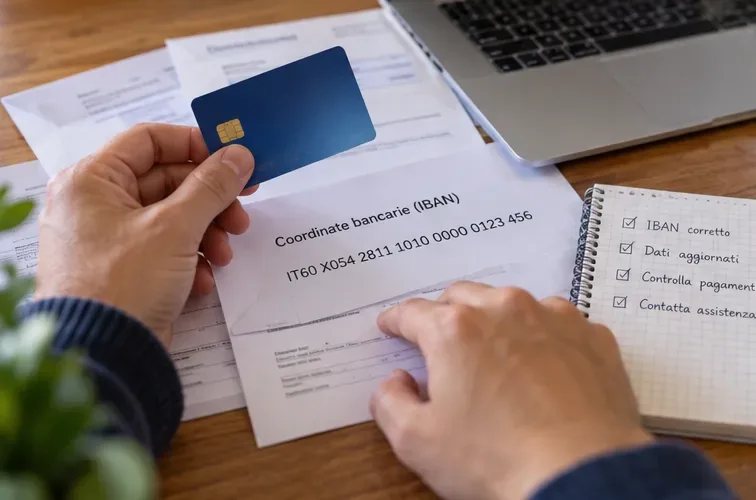 Mani che confrontano una carta bancaria, un documento con coordinate IBAN e una checklist di controlli prima di modificare il metodo di accredito