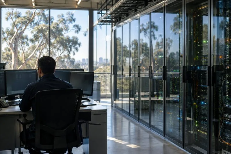 A technician seated at monitors beside glass-fronted server racks, with daylight and trees visible outside